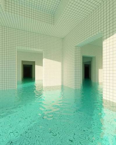 Sala interior con azulejos inundada de agua quieta